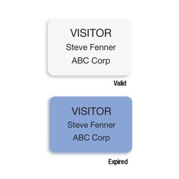 LIGHTbadge Thermal-Transfer Printable Expiring Badge - Blank features two badges, one labeled "Valid" with a clean white background displaying the text "VISITOR," "Steve Fenner," and "ABC Corp," while the other shows a blue background labeled "Expired" wi