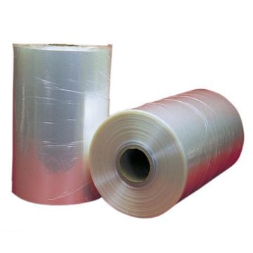 Two rolls of Lithco PVC 100 Gauge 1500' Centerfold Shrink Film are displayed, with one standing upright and the other lying on its side, showing the tightly wound, transparent plastic material with a slight sheen.