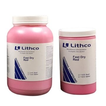 Two containers of Fast Drying Red Padding Compound by Lithco, featuring vibrant pink-red adhesive for graphic arts and binding projects.