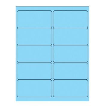A sheet contains multiple 4" x 2" Fluorescent Pastel Blue Rectangle Laser Labels arranged in a grid, showcasing a soft blue color with rounded edges and blank space for custom printing.