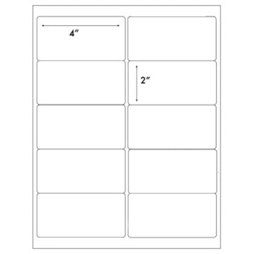 4" x 2" (10-Up) Peel-&-Stick Printable Labels are arranged in a grid format on a standard sheet, featuring blank rectangular labels that allow for easy customization and printing.