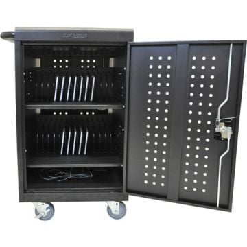 The Luxor Black 30 Tablet and Laptop Computer Charging Cart provides ample storage and efficient charging capabilities for up to 30 devices, perfect for classrooms and offices.