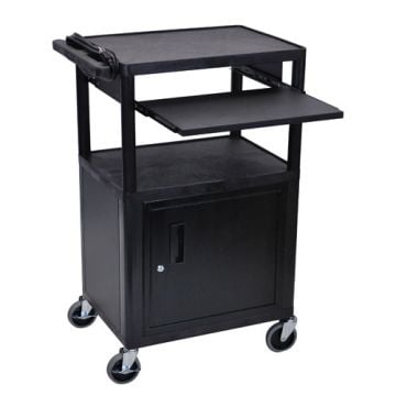 A black Luxor Endura 42" High 3-Shelf A/V Utility Cart with a cabinet, front pullout shelf, and smooth-rolling casters, designed for holding audiovisual equipment.