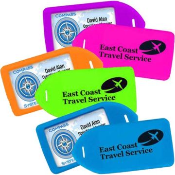 A collection of brightly colored luggage tag holders in neon shades of pink, orange, green, and blue, each displaying a business card with a name and title inside a clear window.