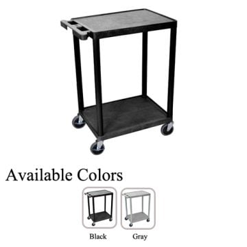 A black Luxor 24" x 18" 2-Flat Shelf Utility Cart with a sturdy metal frame, smooth-rolling casters, and two flat shelves, shown alongside color options in black and gray.
