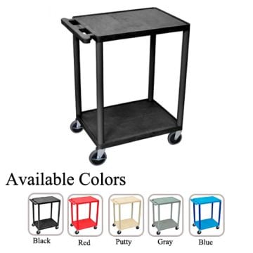 Luxor 24" Wide Molded Plastic 2-Shelf Utility Carts with a sturdy black frame, smooth-rolling wheels, and color options including black, red, putty, gray, and blue displayed below.