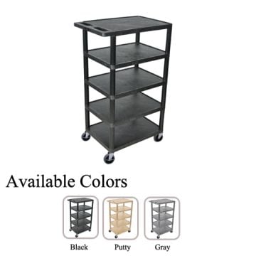 Luxor 24" x 18" 5-Flat Shelf Molded Plastic Utility Carts in black, putty, and gray, featuring a sturdy five-shelf design with wheels for mobility.