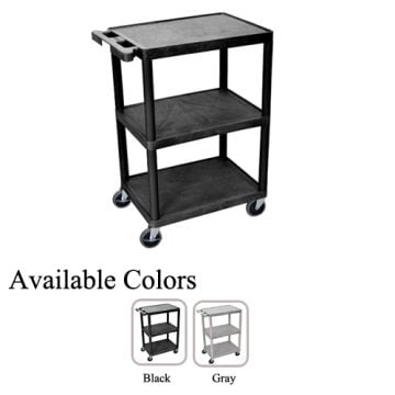 A Luxor 3-Shelf Black Flat Utility Cart with sturdy black shelves, four caster wheels, and a push handle, shown alongside a color option for gray.
