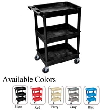 A Luxor 36.5" High 3-Shelf Tub Utility Cart in black, featuring three spacious shelves, sturdy caster wheels, and a handle, with additional color options displayed below including red, putty, gray, and blue.