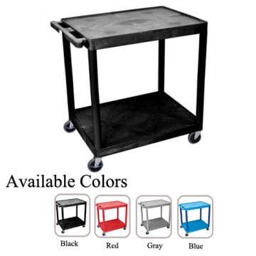A black Luxor 32" Wide Molded Plastic 2-Shelf Utility Cart with a rectangular top, sturdy handle, four swivel casters, and additional color options displayed below in red, gray, and blue.