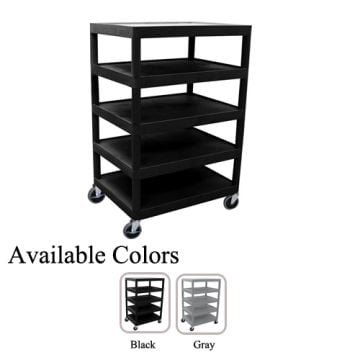 A black Luxor 32" x 24" 5-Flat Shelf Molded Plastic Utility Cart with swivel casters and a simple, durable design, shown alongside color options in black and gray.
