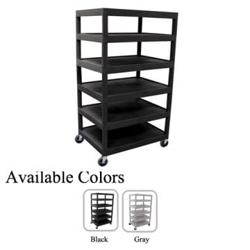 Luxor 32" x 24" 6-Flat Shelf Molded Plastic Utility Carts in black and gray, featuring a durable six-shelf open design with rolling casters for easy mobility.