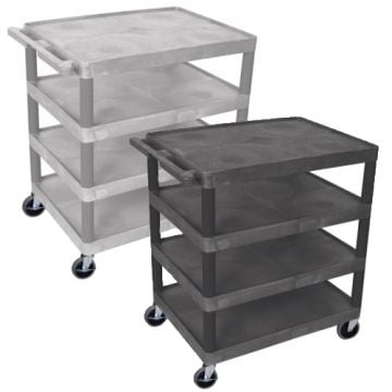 Two Luxor 32" x 24" 4-Flat Shelf Molded Plastic Utility Carts, one in a dark gray finish and the other in a light gray finish, featuring sturdy construction with smooth-rolling casters and four evenly spaced flat shelves.