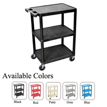 Luxor 34" Molded Plastic 3-Shelf Utility Carts in five color options (black, red, putty, gray, blue), featuring three sturdy shelves, swivel casters, and a handle for easy mobility.