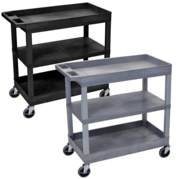 Black and gray Luxor 32" x 18" 2-Tub/1-Flat Middle Shelf Utility Carts with three shelves and caster wheels.