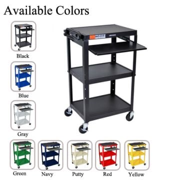 Luxor Adjustable Height Steel A/V Cart with Pullout Keyboard Tray shown in multiple color options, featuring three shelves, a pullout tray, and four rolling casters for mobility.