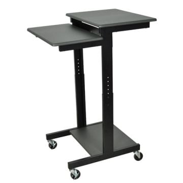A black Luxor Adjustable Height Presentation Cart with two shelves, a sturdy metal frame, and four caster wheels for mobility.