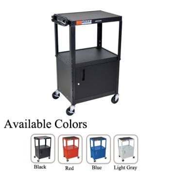 Luxor AVJ42C Adjustable Height Steel A/V Cart with Cabinet in black, featuring a sturdy steel frame, a locking storage cabinet, and rolling casters for mobility, with additional color options displayed below.