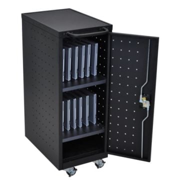 The Luxor Black 12 Tablet and Laptop Computer Charging Cart provides secure and efficient charging for up to 12 devices, with a sleek design ideal for any workspace.