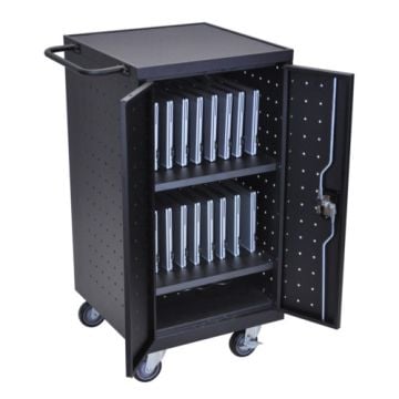 The Luxor Black 18 Tablet and Laptop Computer Charging Cart offers a durable and efficient solution for charging and securing up to 18 devices in any professional or educational environment.