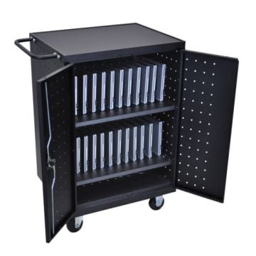 The Luxor Black 24 Tablet and Laptop Computer Charging Cart provides secure storage and efficient charging for up to 24 devices, perfect for classrooms or offices.