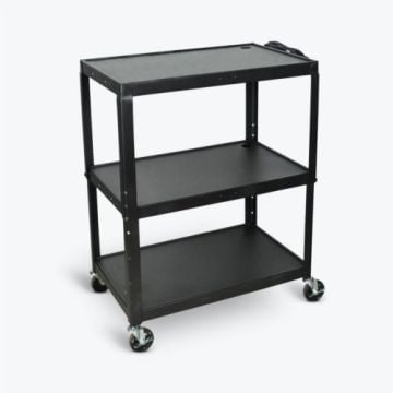 A Luxor 3-Shelf Black Extra-Large Adjustable-Height Steel Audio/Visual Cart with three sturdy flat shelves, smooth-rolling caster wheels, and a simple black steel frame design.