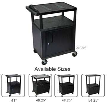 Luxor Black 3-Shelf Endura A/V Utility Cart with Cabinet featuring a durable black frame, lockable storage cabinet, and multiple size options displayed below.