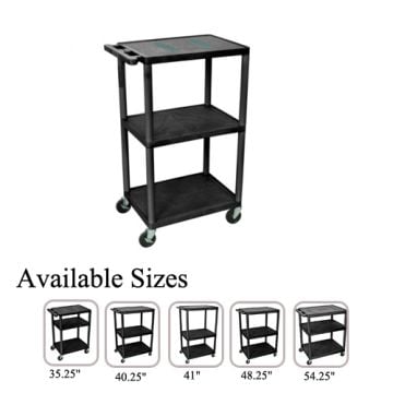 Luxor Black 3-Shelf Endura A/V Utility Cart with a sturdy three-tier design, smooth-rolling casters, and available in multiple sizes ranging from 35.25 to 54.25 inches.