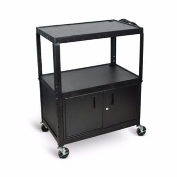 A Luxor 3-Shelf Black Extra-Large Adjustable-Height Steel Audio/Visual Cart with Cabinet featuring a sturdy steel frame, lockable lower storage cabinet, and rolling casters for mobility.