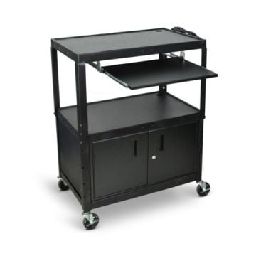 A Luxor 3-Shelf Black Extra-Large Adjustable-Height Steel Audio/Visual Cart with a lockable cabinet, sliding keyboard tray, and smooth-rolling caster wheels for versatile use.