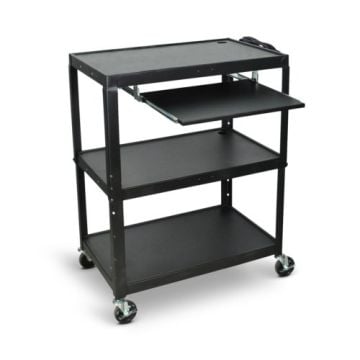 A Luxor 3-Shelf Black Extra-Large Adjustable-Height Steel Audio/Visual Cart with Pullout Keyboard Tray featuring a sturdy black steel frame, three spacious shelves, a sliding keyboard tray, and four caster wheels for mobility.