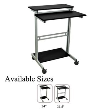 A Luxor Black Stand Up Presentation Station featuring a sleek black surface, silver metal frame, four caster wheels for mobility, and two available sizes: 24" and 31.5".
