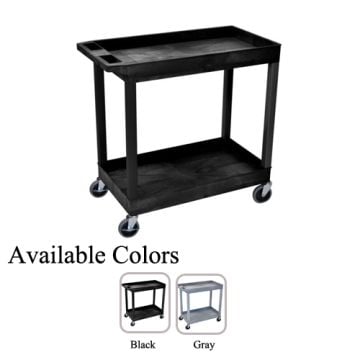 A black Luxor 32" x 18" 2-Tub Shelf Utility Cart with two sturdy shelves, smooth-rolling casters, and available color options shown as black and gray.