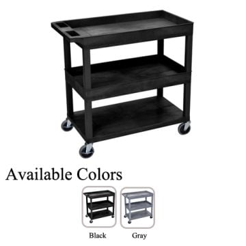 Luxor 32" x 18" 2-Tub/1-Flat Bottom Shelf Utility Carts in black and gray colors, featuring three shelves, sturdy construction, and swivel casters for mobility.
