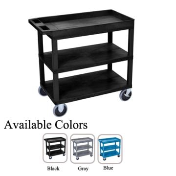 A black Luxor 32" x 18" High Capacity 2-Flat/1-Tub Top Shelf Utility Cart with three shelves, swivel casters, and available color options displayed below in black, gray, and blue.