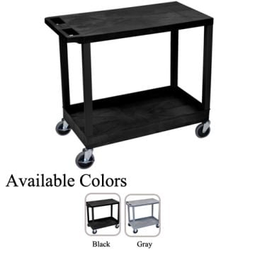 A black Luxor 32" x 18" 1-Flat/1-Tub Shelf Utility Cart with two shelves, swivel casters, and a sturdy rectangular frame, shown with color options in black and gray.