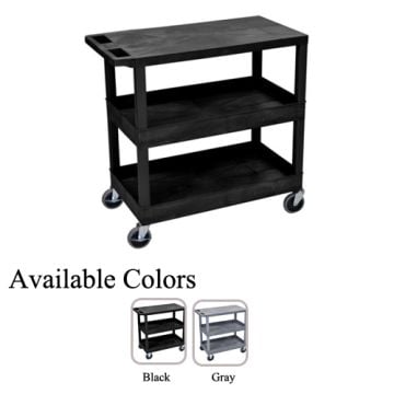 A black Luxor 32" x 18" 1-Flat/2-Tub Bottom Shelf Utility Cart with three tiers and swivel casters, displayed alongside a color option comparison of black and gray.