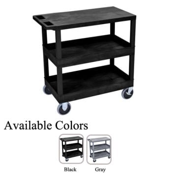 A black Luxor 32" x 18" High Capacity 1-Flat/2-Tub Bottom Shelf Utility Cart with three shelves and rolling casters, shown alongside a color option in gray.