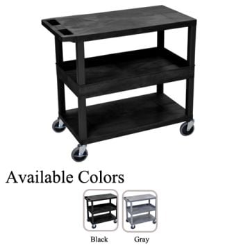Luxor 32" x 18" Black 2-Flat/1-Tub Middle Shelf Utility Carts featuring three-tiered design with sturdy shelves, caster wheels, and available in black or gray.
