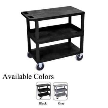A black Luxor 32" x 18" High Capacity 2-Flat/1-Tub Middle Shelf Utility Cart with three sturdy shelves, smooth-rolling casters, and available in black and gray color options.