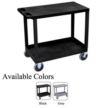 Luxor 32" x 18" High Capacity 1-Flat/1-Tub Shelf Utility Carts with a sturdy black frame, two shelves (one flat and one tub-style), and smooth-rolling casters, shown in both black and gray color options.