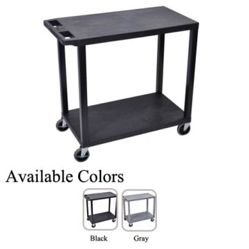Luxor 32" x 18" 2-Flat Shelf Utility Carts in black and gray colors, featuring two flat shelves, a sturdy metal frame, and four caster wheels for mobility.