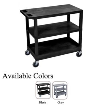 A black Luxor 32" x 18" 2-Flat/1-Tub Bottom Shelf Utility Cart with three sturdy shelves and four caster wheels, displayed alongside a color option in gray.