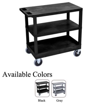 Luxor 32" x 18" Gray 3-Flat Shelf Utility Carts featuring a sturdy three-tier design with smooth-rolling casters, available in black and gray color options.