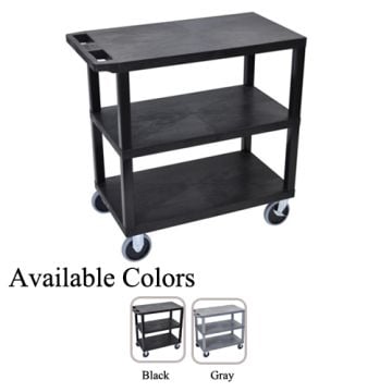 A durable Luxor 32" x 18" High Capacity Black 3-Flat Shelf Utility Cart featuring three sturdy flat shelves, a push handle, and smooth-rolling casters, available in black and gray color options.