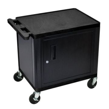 A black Luxor Endura 26" High 2-Shelf A/V Utility Cart with a cabinet, featuring a flat top surface, a lockable door, and four swivel casters for mobility.