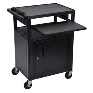 A black Luxor Endura 34" High 3-Shelf A/V Utility Cart with a cabinet, a front pullout shelf, four caster wheels, and a sturdy handle, designed for versatile utility.