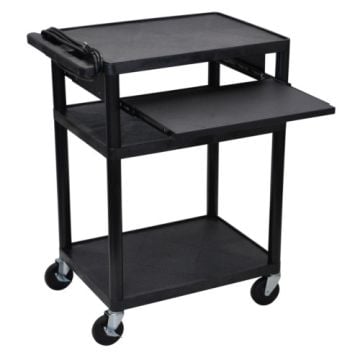 A black, three-shelf Luxor Endura 34" High A/V Utility Cart with a front pullout shelf, durable wheels, and a built-in handle, designed for versatile equipment transport and organization.