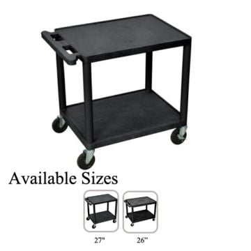 Luxor Endura Black 2-Shelf A/V Utility Cart featuring a sturdy black frame with two spacious shelves, a handle, and four caster wheels, available in 27" and 26" sizes.