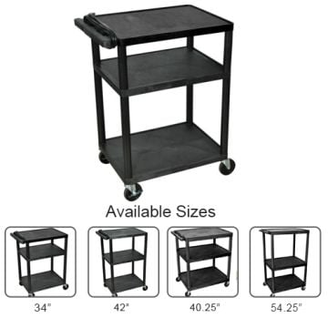 Luxor Endura Black 3-Shelf A/V Utility Cart featuring a durable black plastic frame with three spacious shelves, four swivel caster wheels, and a push handle, available in multiple sizes including 34", 40.25", 42", and 54.25".